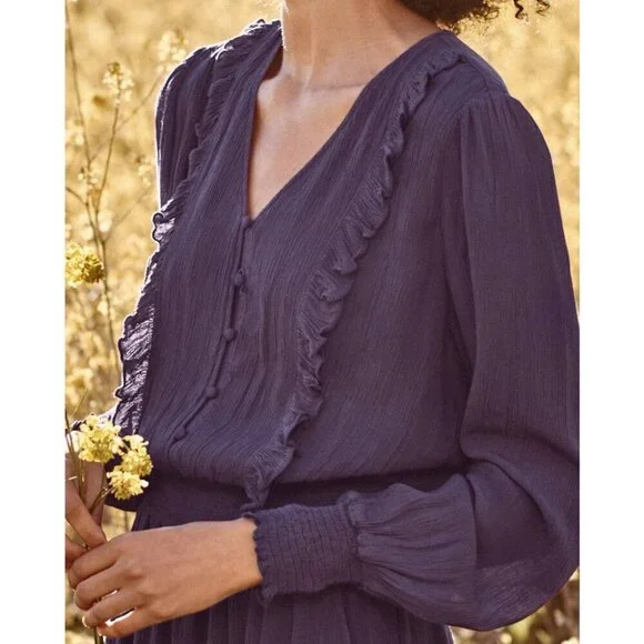 Garnet Hill Women's Purple Midi Dress V-Neck Ruffle Smocked Waist L (A-2) - Picture 11 of 11